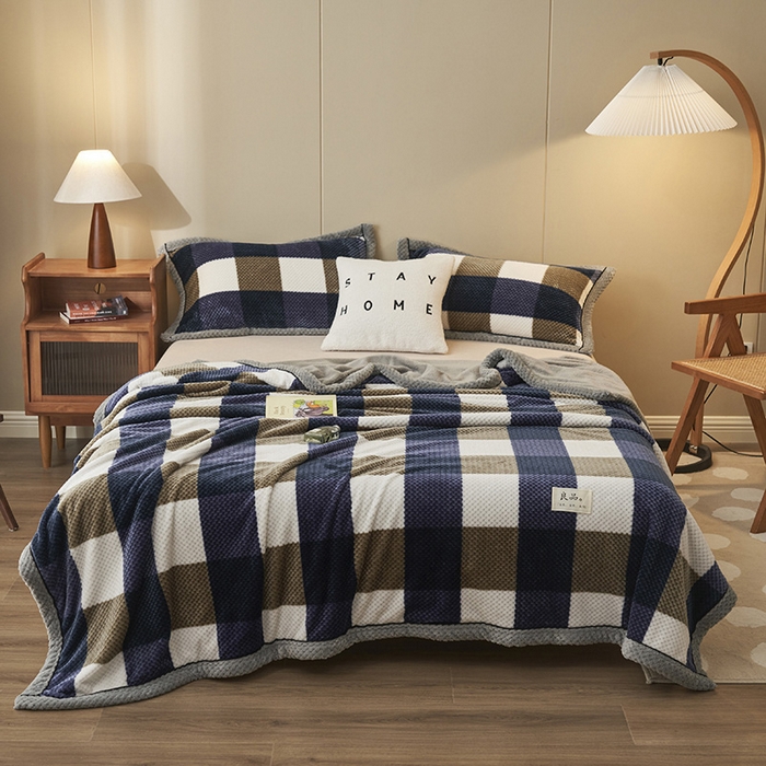 91家纺网 家纺一手货源 找家纺 早晨家纺 2025新款豆豆绒-无印双层毛毯【拉链款】 豆豆绒-大方格蓝