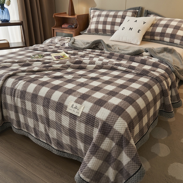 91家纺网 家纺一手货源 找家纺 早晨家纺 2025新款豆豆绒-无印双层毛毯【拉链款】 豆豆绒-多格咖