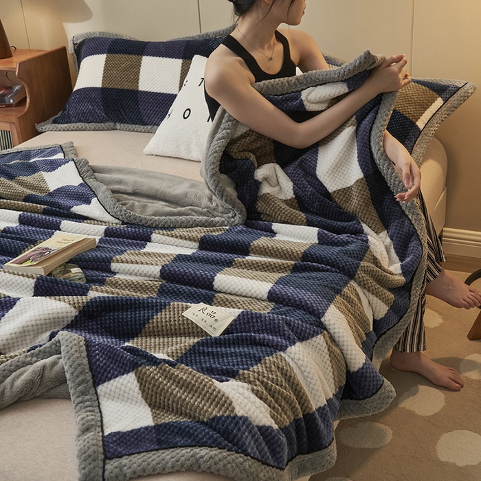 91家纺网 家纺一手货源 找家纺 早晨家纺 2025新款豆豆绒-无印双层毛毯【拉链款】 豆豆绒-大方格蓝
