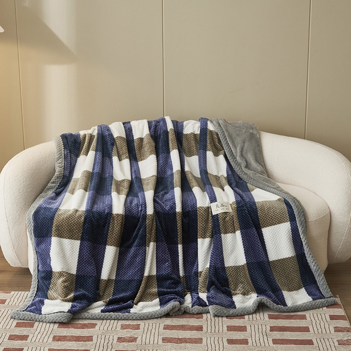91家纺网 家纺一手货源 找家纺 早晨家纺 2025新款豆豆绒-无印双层毛毯【拉链款】 豆豆绒-大方格蓝