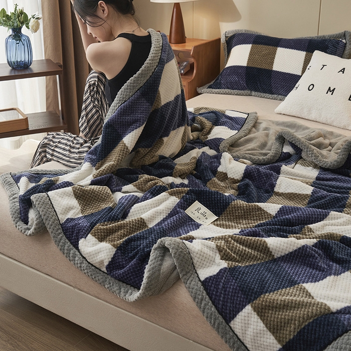 91家纺网 家纺一手货源 找家纺 早晨家纺 2025新款豆豆绒-无印双层毛毯【拉链款】 豆豆绒-大方格蓝