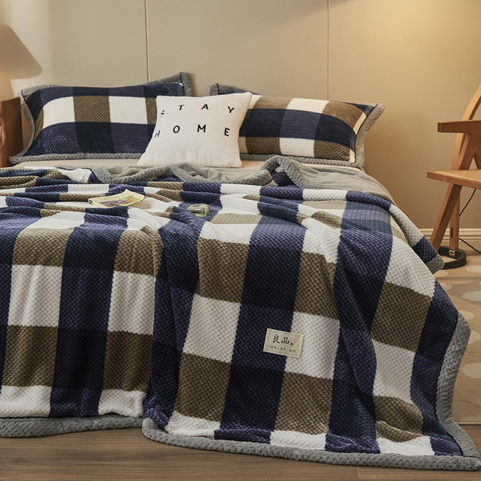 91家纺网 家纺一手货源 找家纺 早晨家纺 2025新款豆豆绒-无印双层毛毯【拉链款】 豆豆绒-大方格蓝