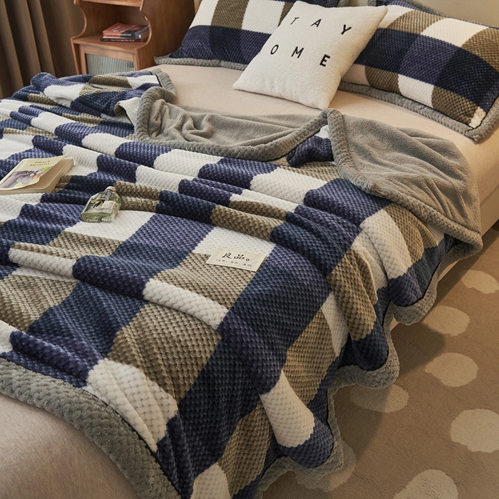 91家纺网 家纺一手货源 找家纺 早晨家纺 2025新款豆豆绒-无印双层毛毯【拉链款】 豆豆绒-大方格蓝