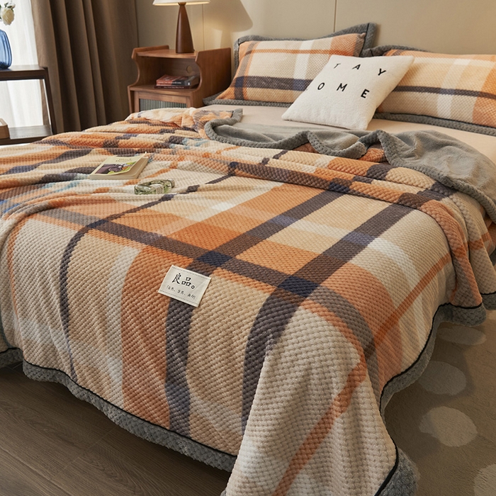 91家纺网 家纺一手货源 找家纺 早晨家纺 2025新款豆豆绒-无印双层毛毯【拉链款】 豆豆绒-大格橙