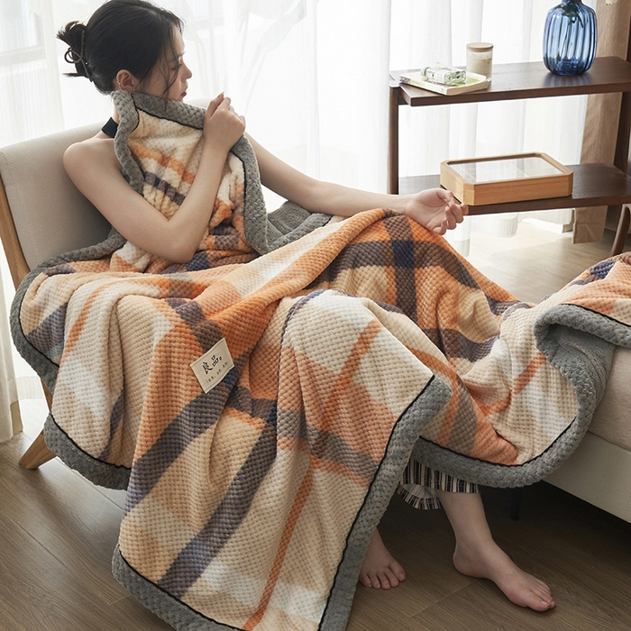 91家纺网 家纺一手货源 找家纺 早晨家纺 2025新款豆豆绒-无印双层毛毯【拉链款】 豆豆绒-大格橙