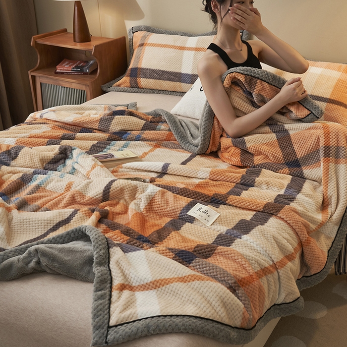 91家纺网 家纺一手货源 找家纺 早晨家纺 2025新款豆豆绒-无印双层毛毯【拉链款】 豆豆绒-大格橙