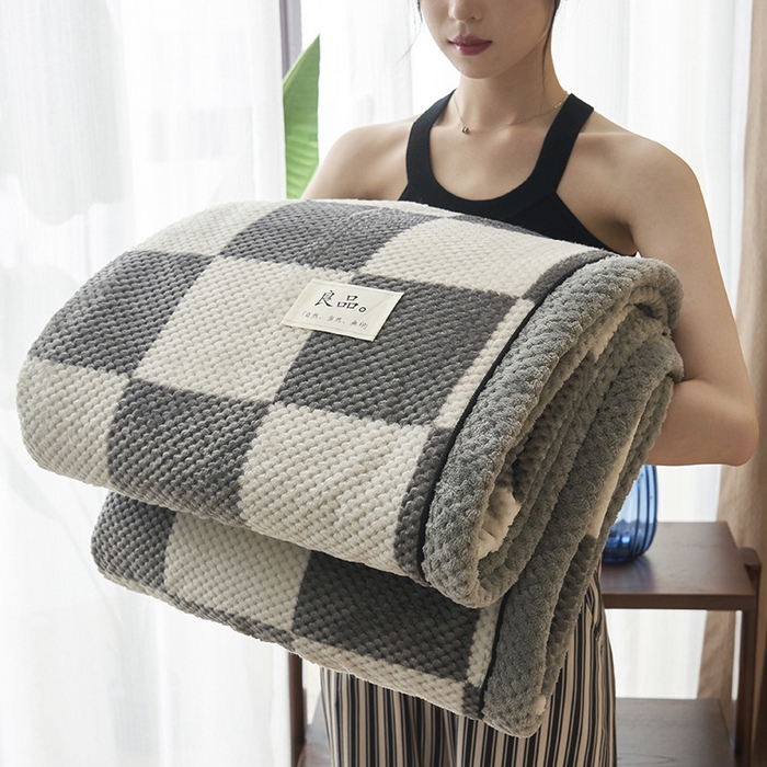 91家纺网 家纺一手货源 找家纺 早晨家纺 2025新款豆豆绒-无印双层毛毯【拉链款】 豆豆绒-大方格灰