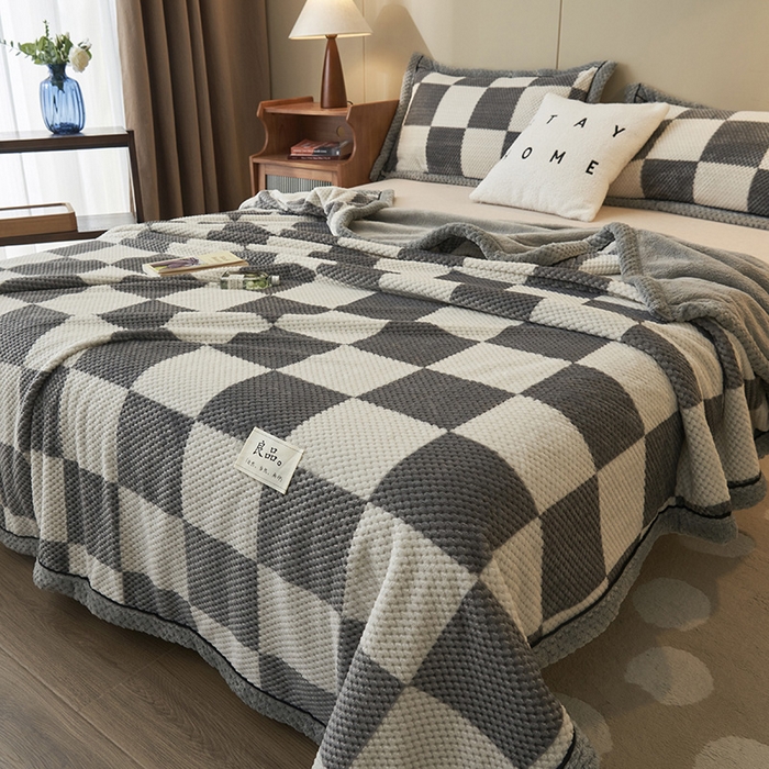 91家纺网 家纺一手货源 找家纺 早晨家纺 2025新款豆豆绒-无印双层毛毯【拉链款】 豆豆绒-大方格灰