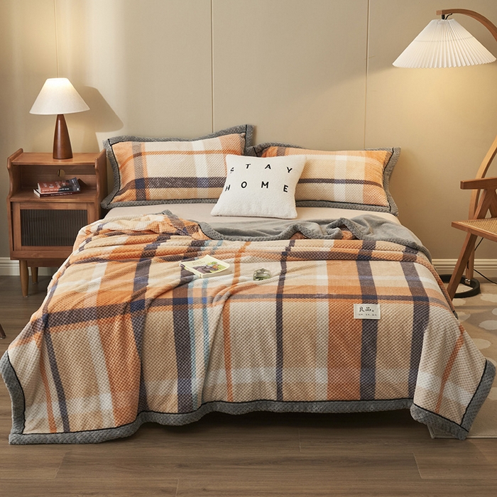 91家纺网 家纺一手货源 找家纺 早晨家纺 2025新款豆豆绒-无印双层毛毯【拉链款】 豆豆绒-大格橙