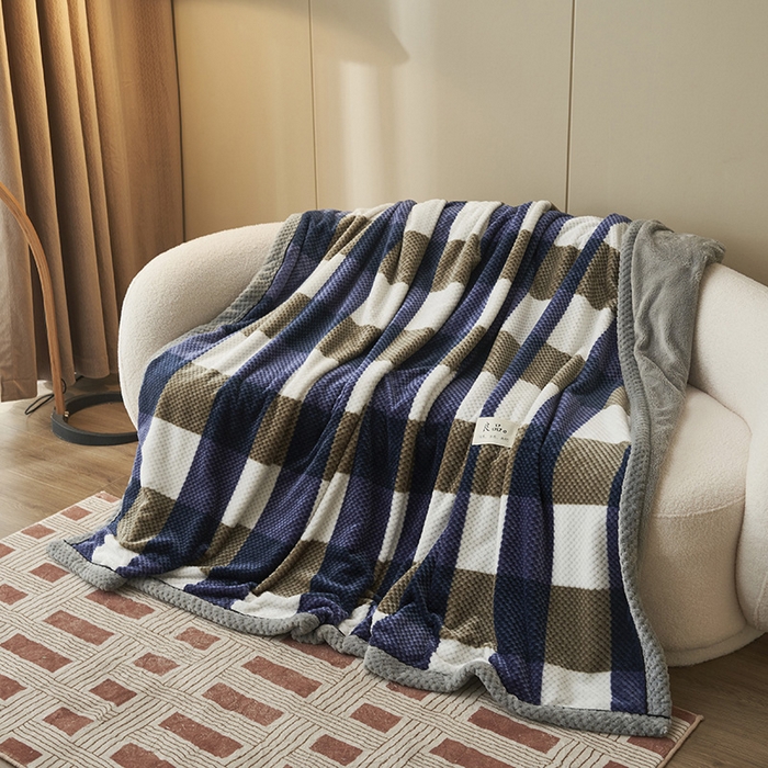 91家纺网 家纺一手货源 找家纺 早晨家纺 2025新款豆豆绒-无印双层毛毯【拉链款】 豆豆绒-大方格蓝
