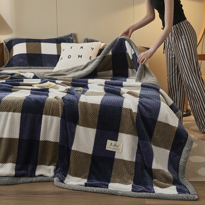 91家纺网 家纺一手货源 找家纺 早晨家纺 2025新款豆豆绒-无印双层毛毯【拉链款】 豆豆绒-大方格蓝