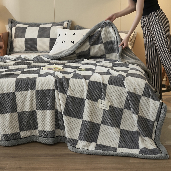 91家纺网 家纺一手货源 找家纺 早晨家纺 2025新款豆豆绒-无印双层毛毯【拉链款】 豆豆绒-大方格灰