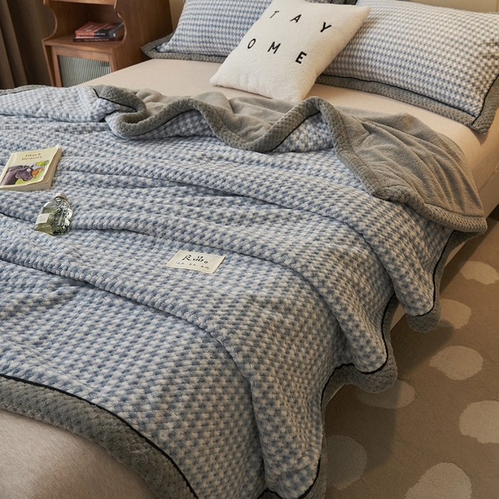 91家纺网 家纺一手货源 找家纺 早晨家纺 2025新款豆豆绒-无印双层毛毯【拉链款】 豆豆绒-小格蓝