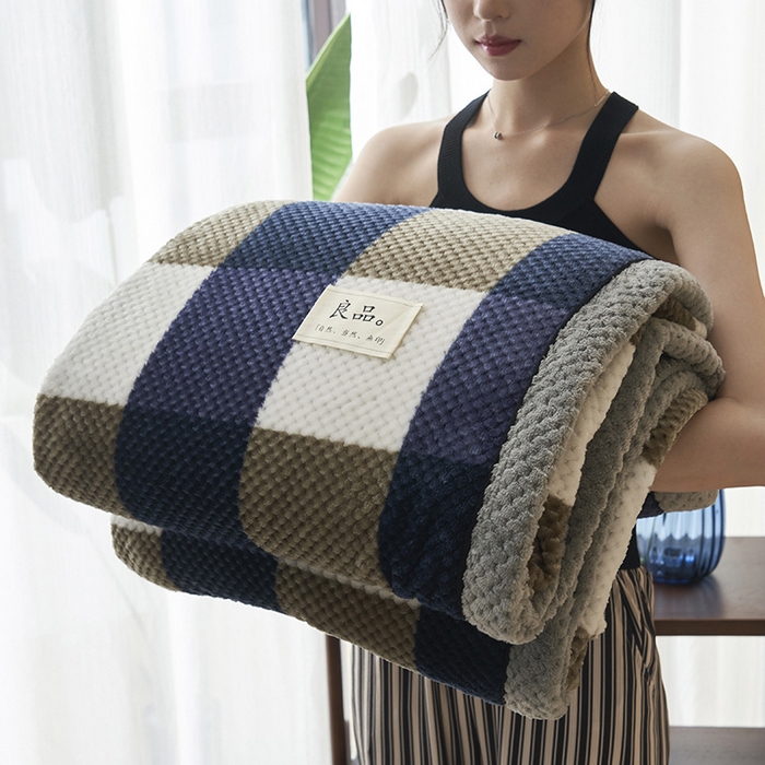 91家纺网 家纺一手货源 找家纺 早晨家纺 2025新款豆豆绒-无印双层毛毯【拉链款】 豆豆绒-大方格蓝