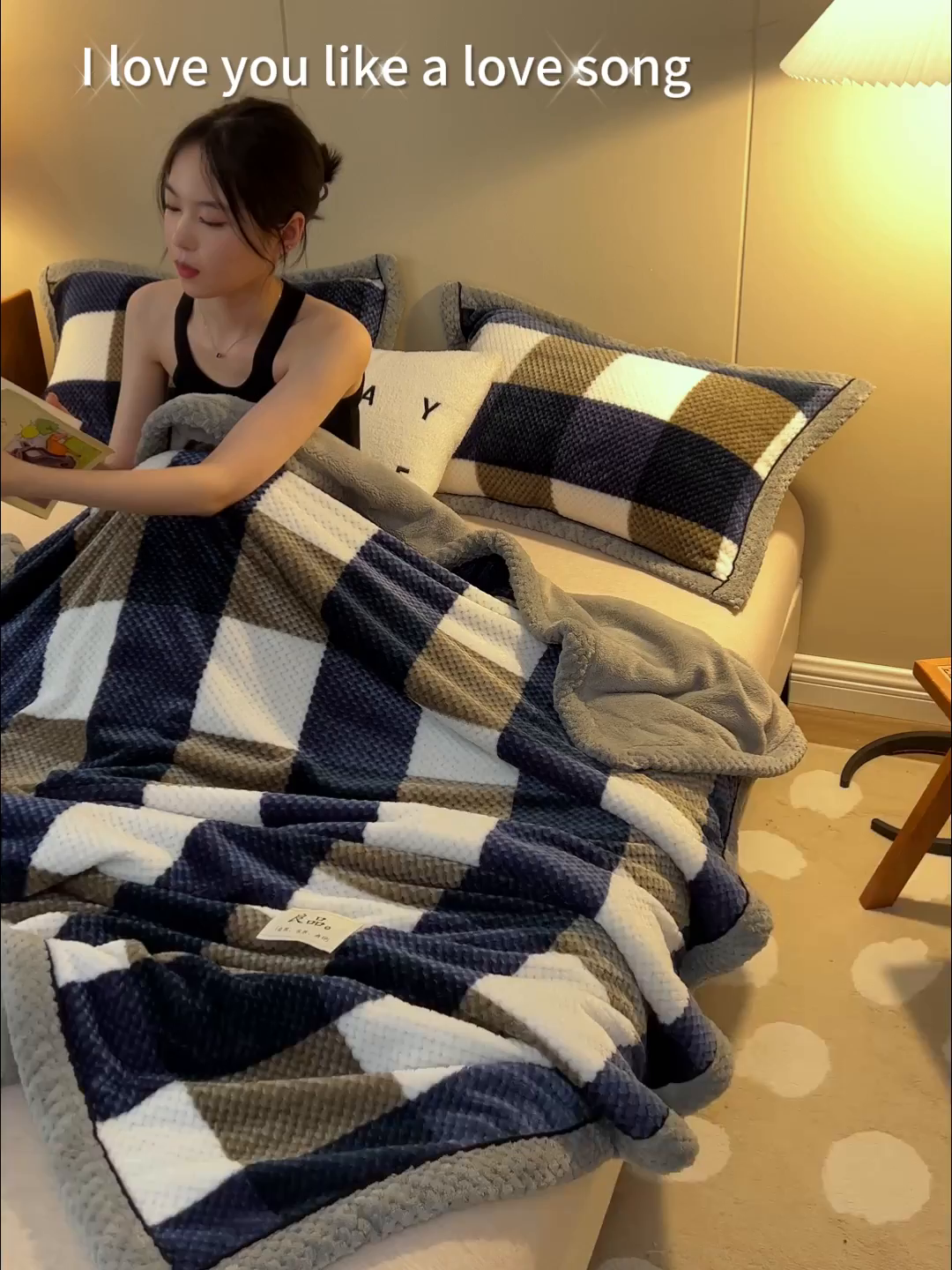 91家纺网 家纺一手货源 找家纺 早晨家纺 2025新款豆豆绒-无印双层毛毯【拉链款】 豆豆绒-大方格蓝