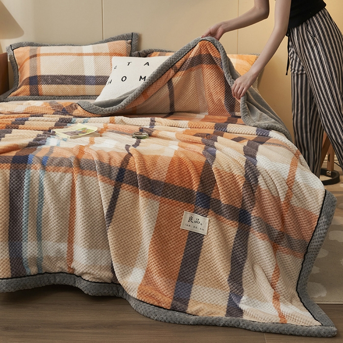 91家纺网 家纺一手货源 找家纺 早晨家纺 2025新款豆豆绒-无印双层毛毯【拉链款】 豆豆绒-大格橙