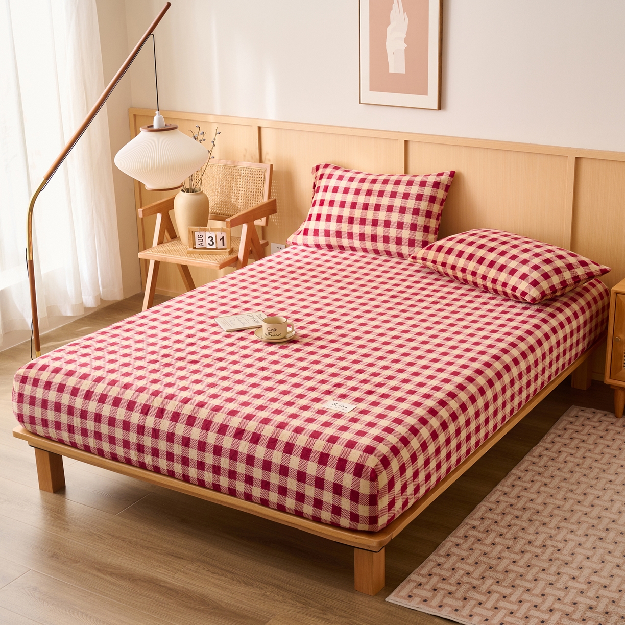 91家纺网 家纺一手货源 找家纺 早晨家纺 2025新款野牧款高克重牛奶绒印花单床笠 野牧-红小格