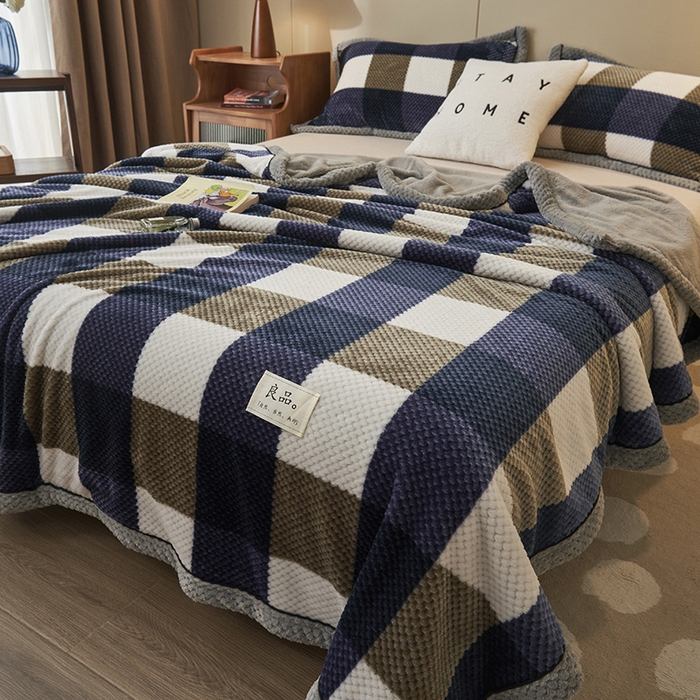 91家纺网 家纺一手货源 找家纺 早晨家纺 2025新款豆豆绒-无印双层毛毯【拉链款】 豆豆绒-大方格蓝