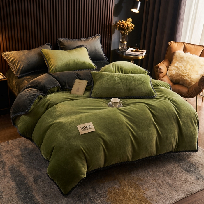 91家纺网 家纺一手货源 找家纺 早晨家纺 2025新款黑金牛奶绒纯色-单被套系列风格2 黑金-草绿