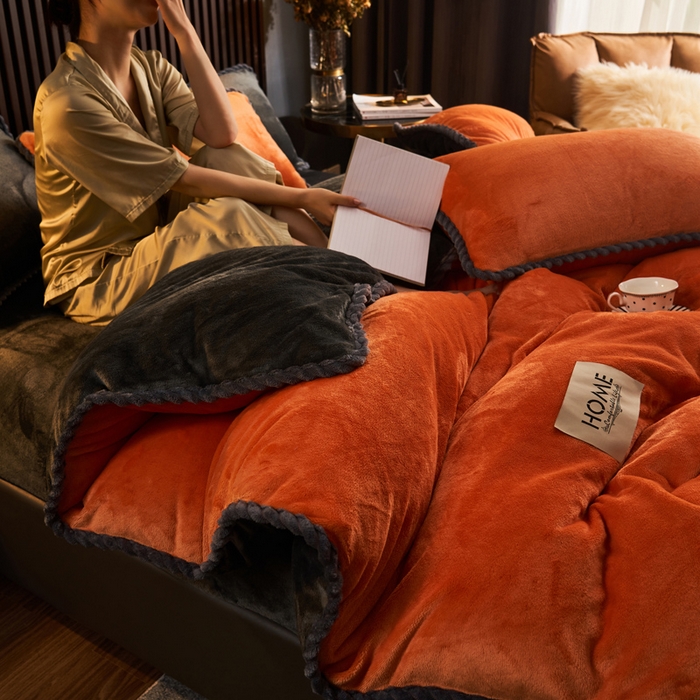 91家纺网 家纺一手货源 找家纺 早晨家纺 2025新款黑金牛奶绒纯色-单被套系列风格2 黑金-桔色