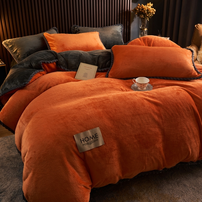 91家纺网 家纺一手货源 找家纺 早晨家纺 2025新款黑金牛奶绒纯色-单被套系列风格2 黑金-桔色