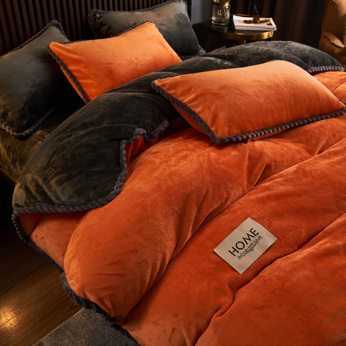 91家纺网 家纺一手货源 找家纺 早晨家纺 2025新款黑金牛奶绒纯色-单被套系列风格2 黑金-桔色