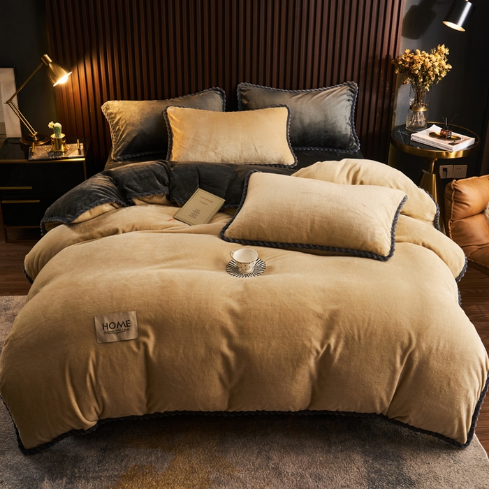 91家纺网 家纺一手货源 找家纺 早晨家纺 2025新款黑金牛奶绒纯色-单被套系列风格2 黑金-米驼