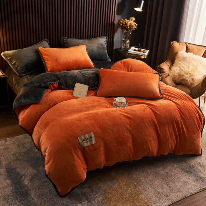 91家纺网 家纺一手货源 找家纺 早晨家纺 2025新款黑金牛奶绒纯色-单被套系列风格2 黑金-桔色