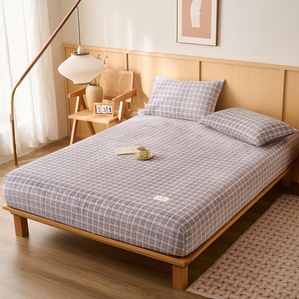 91家纺网 家纺一手货源 找家纺 早晨家纺 2025新款野牧款高克重牛奶绒印花单床笠 野牧-灰小格