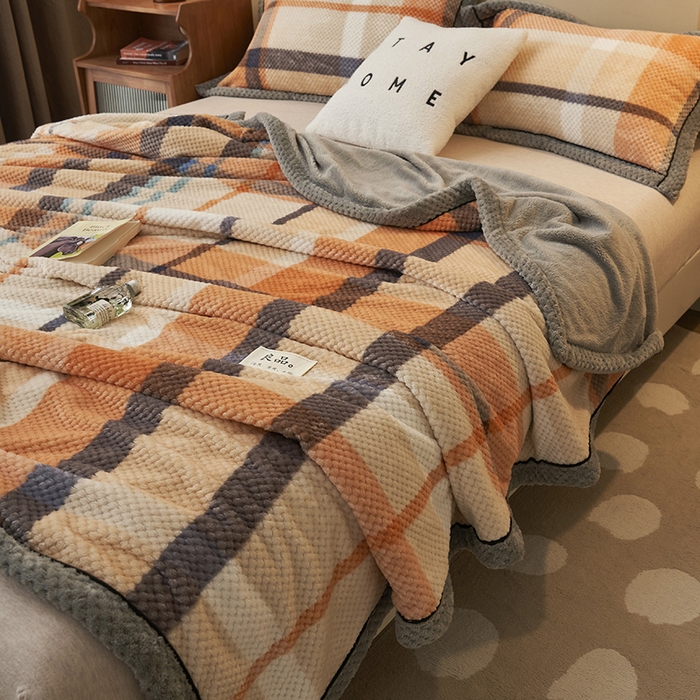 91家纺网 家纺一手货源 找家纺 早晨家纺 2025新款豆豆绒-无印双层毛毯【拉链款】 豆豆绒-大格橙