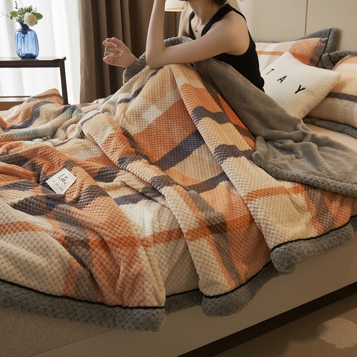91家纺网 家纺一手货源 找家纺 早晨家纺 2025新款豆豆绒-无印双层毛毯【拉链款】 豆豆绒-大格橙