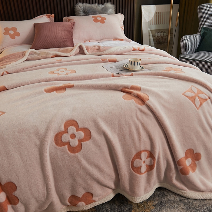 91家纺网 家纺一手货源 找家纺 早晨家纺 2025新款北影款-印花单层毛毯 北影四叶-桔