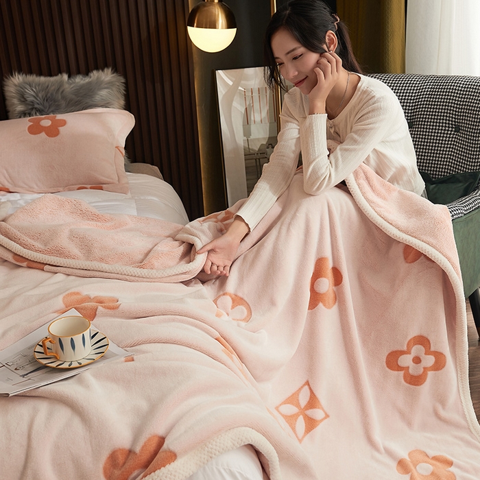 91家纺网 家纺一手货源 找家纺 早晨家纺 2025新款北影款-印花单层毛毯 北影四叶-桔