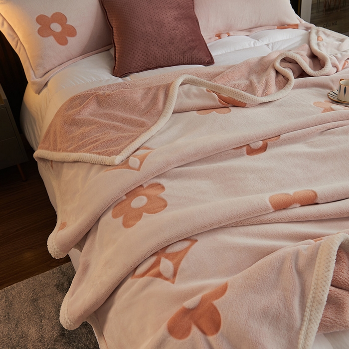 91家纺网 家纺一手货源 找家纺 早晨家纺 2025新款北影款-印花单层毛毯 北影四叶-桔