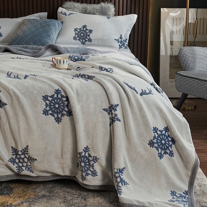 91家纺网 家纺一手货源 找家纺 早晨家纺 2025新款北影款-印花单层毛毯 北影雪花-蓝