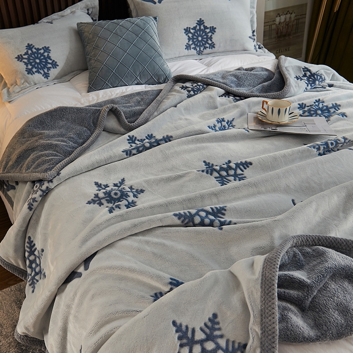 91家纺网 家纺一手货源 找家纺 早晨家纺 2025新款北影款-印花单层毛毯 北影雪花-蓝