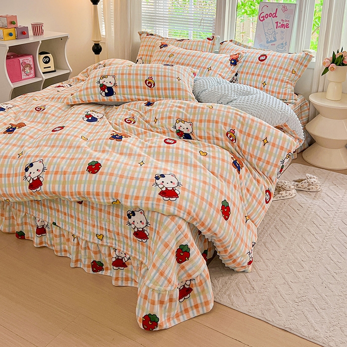 91家纺网 家纺一手货源 找家纺 仟网汇 2025新款牛奶绒豆豆绒床盖四件套 猫咪酱