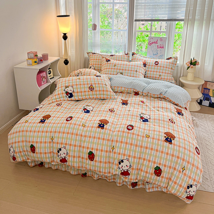 91家纺网 家纺一手货源 找家纺 仟网汇 2025新款牛奶绒豆豆绒床盖四件套 猫咪酱