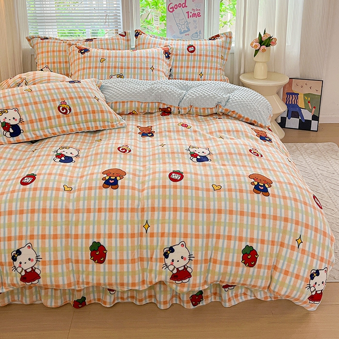 91家纺网 家纺一手货源 找家纺 仟网汇 2025新款牛奶绒豆豆绒床盖四件套 猫咪酱