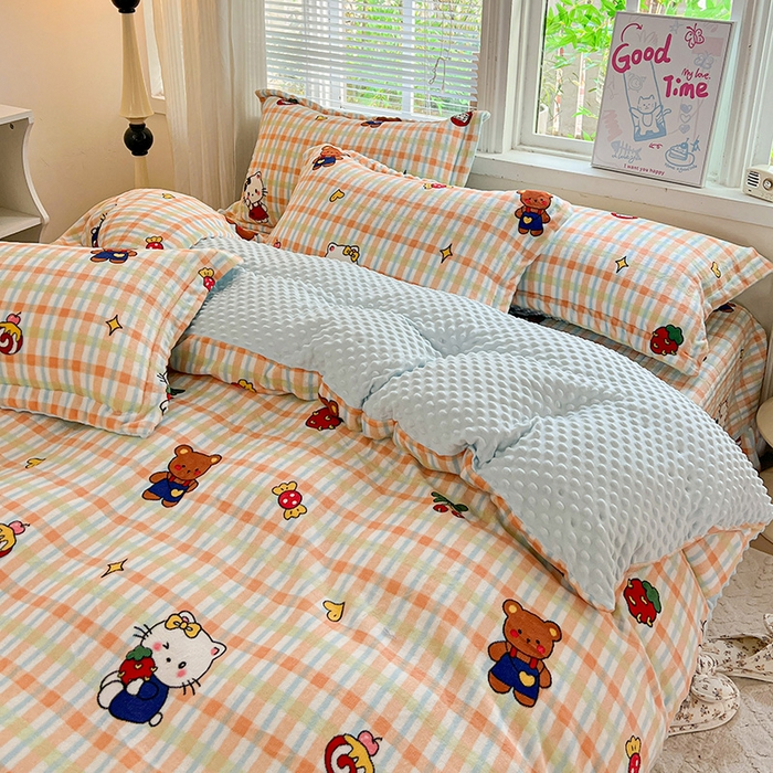 91家纺网 家纺一手货源 找家纺 仟网汇 2025新款牛奶绒豆豆绒床盖四件套 猫咪酱