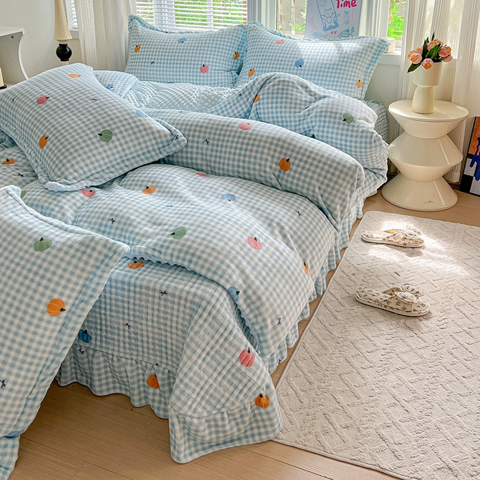 仟网汇 2025新款牛奶绒豆豆绒床盖四件套 蓝格南瓜