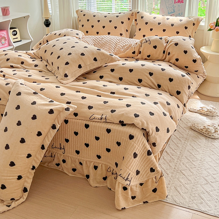 仟网汇 2025新款牛奶绒豆豆绒床盖四件套 咖色小心心