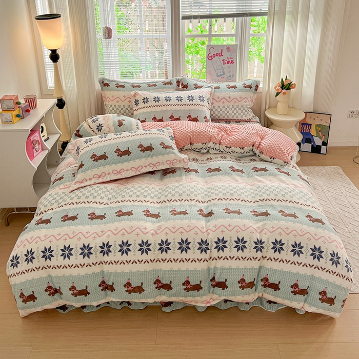 91家纺网 家纺一手货源 找家纺 仟网汇 2025新款牛奶绒豆豆绒床盖四件套 贝洛萌狗