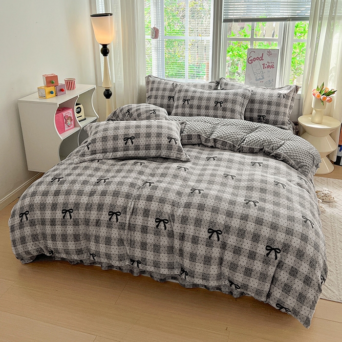 91家纺网 家纺一手货源 找家纺 仟网汇 2025新款牛奶绒豆豆绒床盖四件套 蝴蝶结