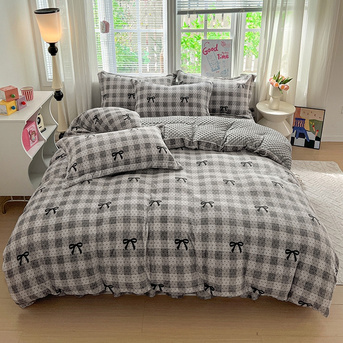 91家纺网 家纺一手货源 找家纺 仟网汇 2025新款牛奶绒豆豆绒床盖四件套 蝴蝶结