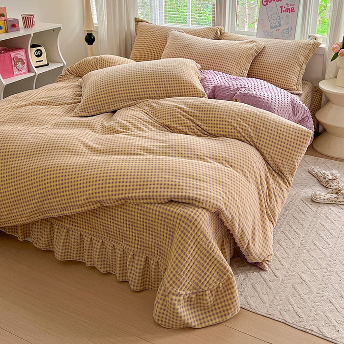 91家纺网 家纺一手货源 找家纺 仟网汇 2025新款牛奶绒豆豆绒床盖四件套 格韵