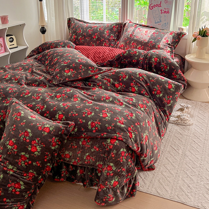 仟网汇 2025新款牛奶绒豆豆绒床盖四件套 玫瑰之约 - 黑