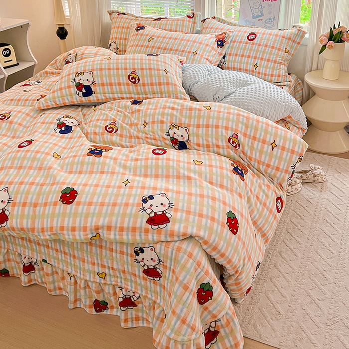 91家纺网 家纺一手货源 找家纺 仟网汇 2025新款牛奶绒豆豆绒床盖四件套 猫咪酱