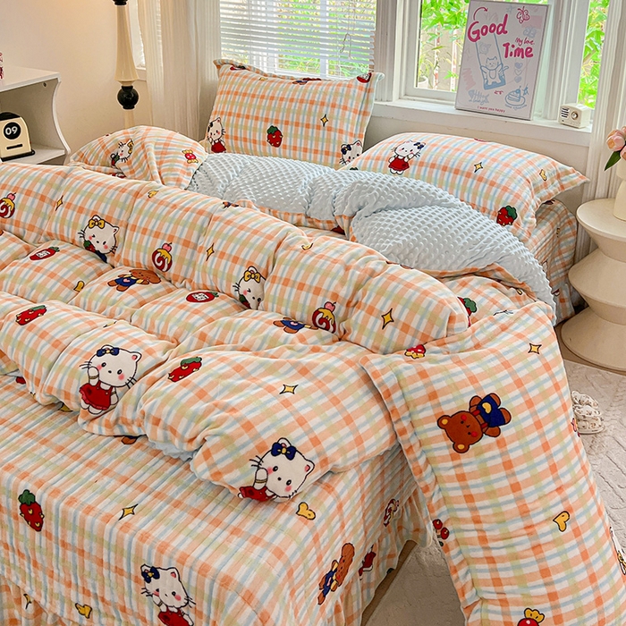 91家纺网 家纺一手货源 找家纺 仟网汇 2025新款牛奶绒豆豆绒床盖四件套 猫咪酱