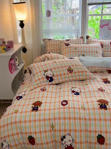 91家纺网 家纺一手货源 找家纺 仟网汇 2025新款牛奶绒豆豆绒床盖四件套 猫咪酱